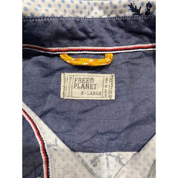 Free Planet White w/ Blue Polka Dot Palm Tree Short Sleeve XL Button Up Shirt - Picture 8 of 9